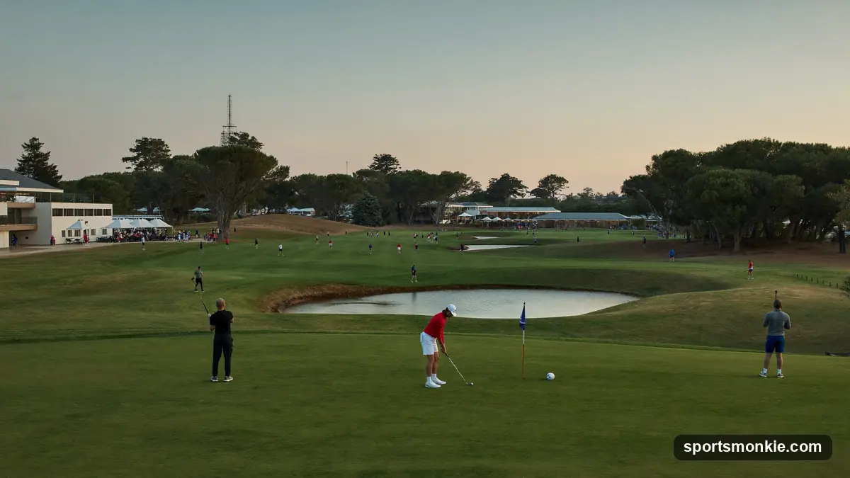 A large multi-level Topgolf driving-range venue lit up at night with players in the bays
