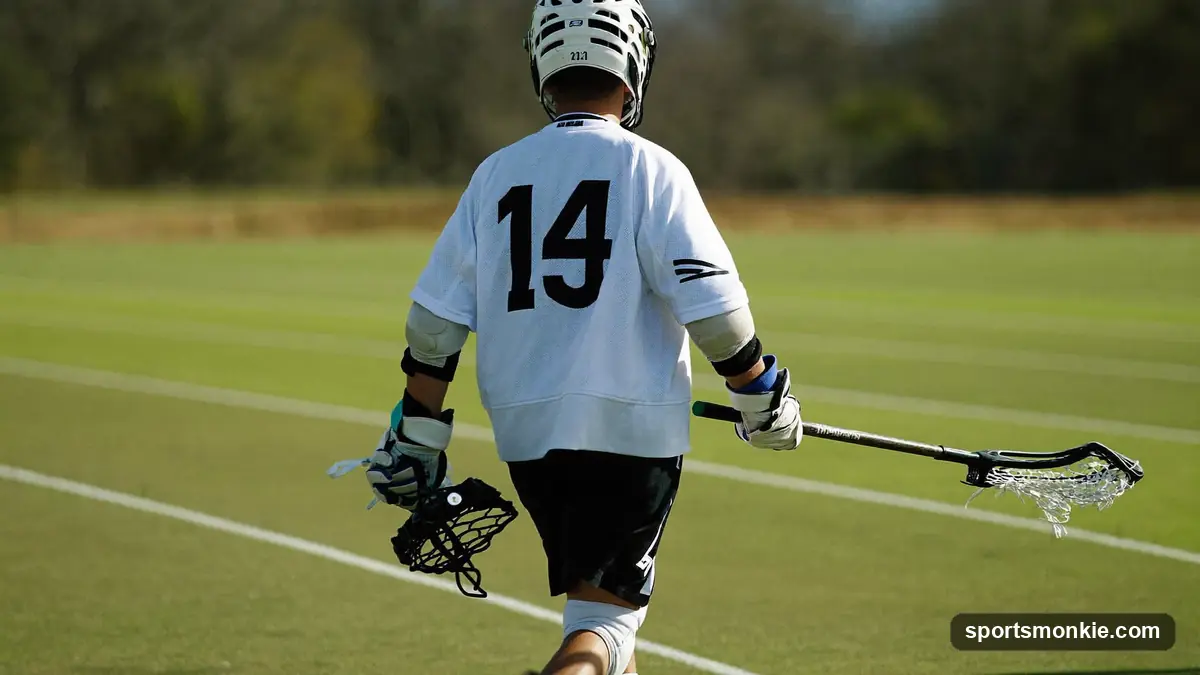 A full set of lacrosse gear laid out on a locker-room bench before a game