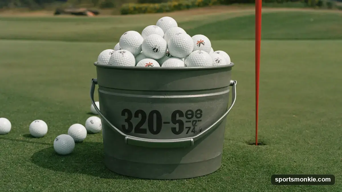 Buckets of range balls at a driving range tee line, illustrating bucket-size pricing