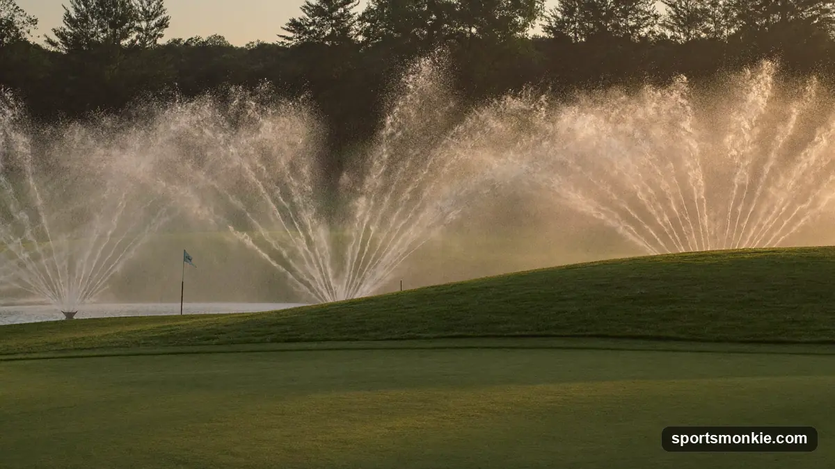 Sprinklers watering a lush green golf fairway at dawn