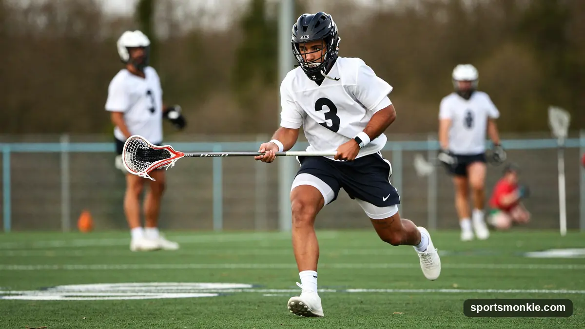 A lacrosse player reaching out with an open stick to catch a pass during a practice on a turf field