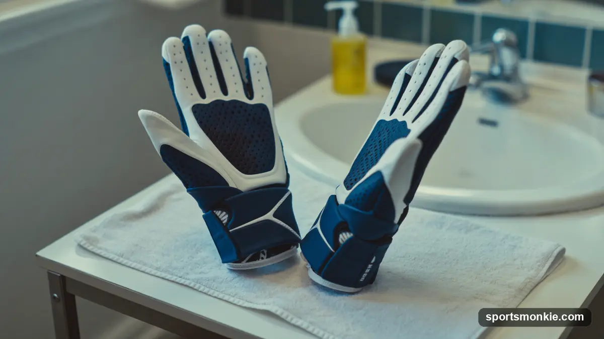 A pair of lacrosse gloves drying open on a towel next to a sink, palms up, in a bright ventilated room