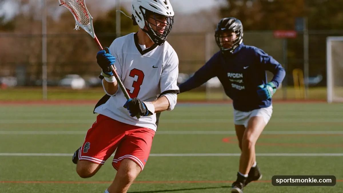 A lacrosse player running upfield cradling the ball in the stick while a defender closes in