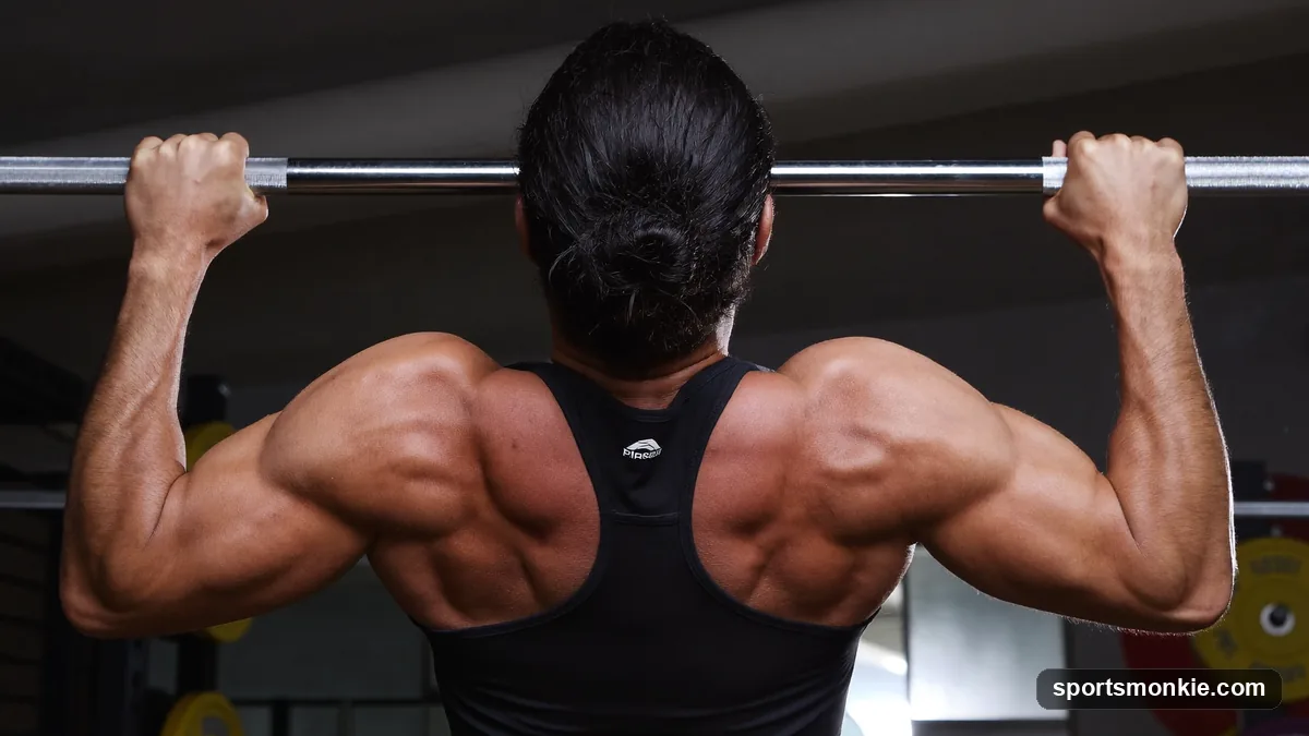 A person performing a strict pull-up with an overhand grip and chin above the bar