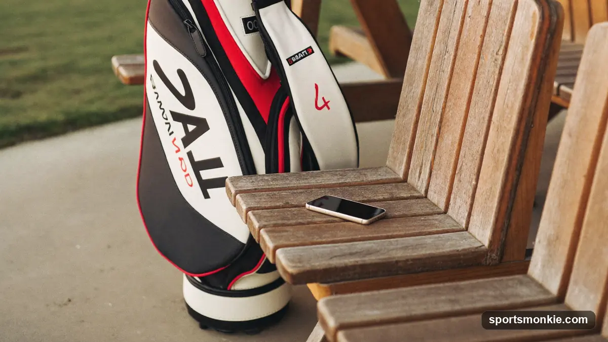 A golfer entering a score into a handicap app on a phone while leaning on a golf bag by the first tee