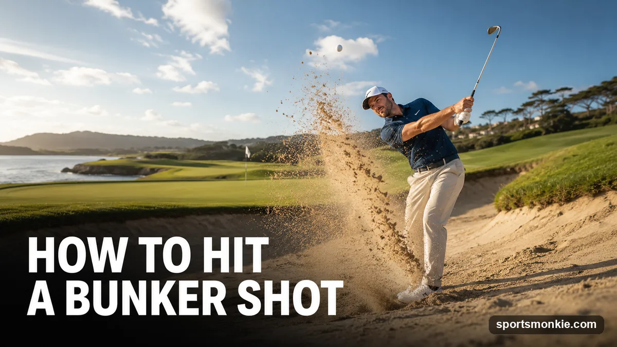 A golfer splashing sand out of a greenside bunker with an open-faced sand wedge
