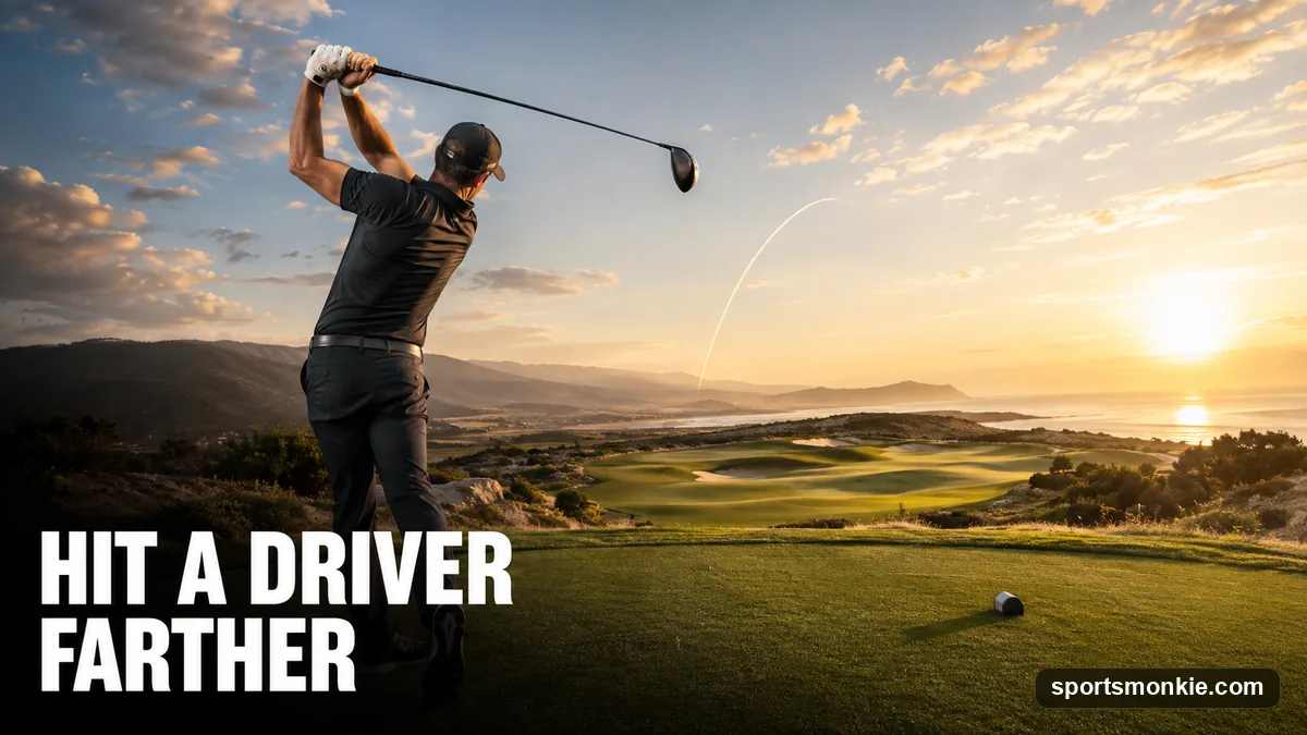 A golfer launching a tee shot with a driver, ball rising high off the tee against an open fairway