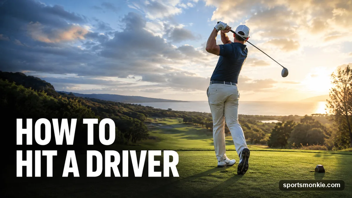 A golfer at the top of the backswing with a driver, ball teed up on the fairway ahead