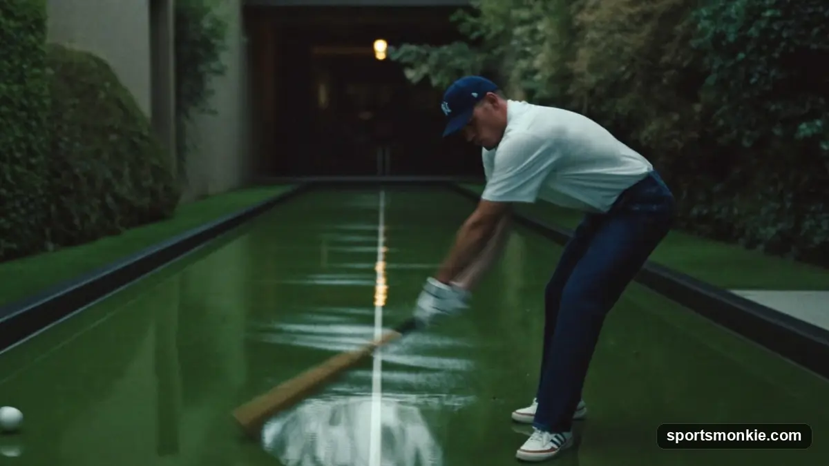 A bowler releasing a hooked ball down the lane, hand rotating around the side of the ball