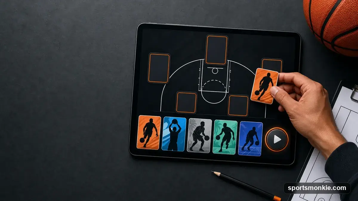 Basketball scoreboard graphic representing a season and playoff simulation