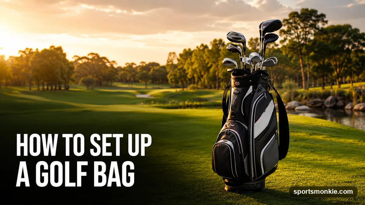 A golf bag organized with woods in the top row, irons in the middle, and wedges and putter at the bottom