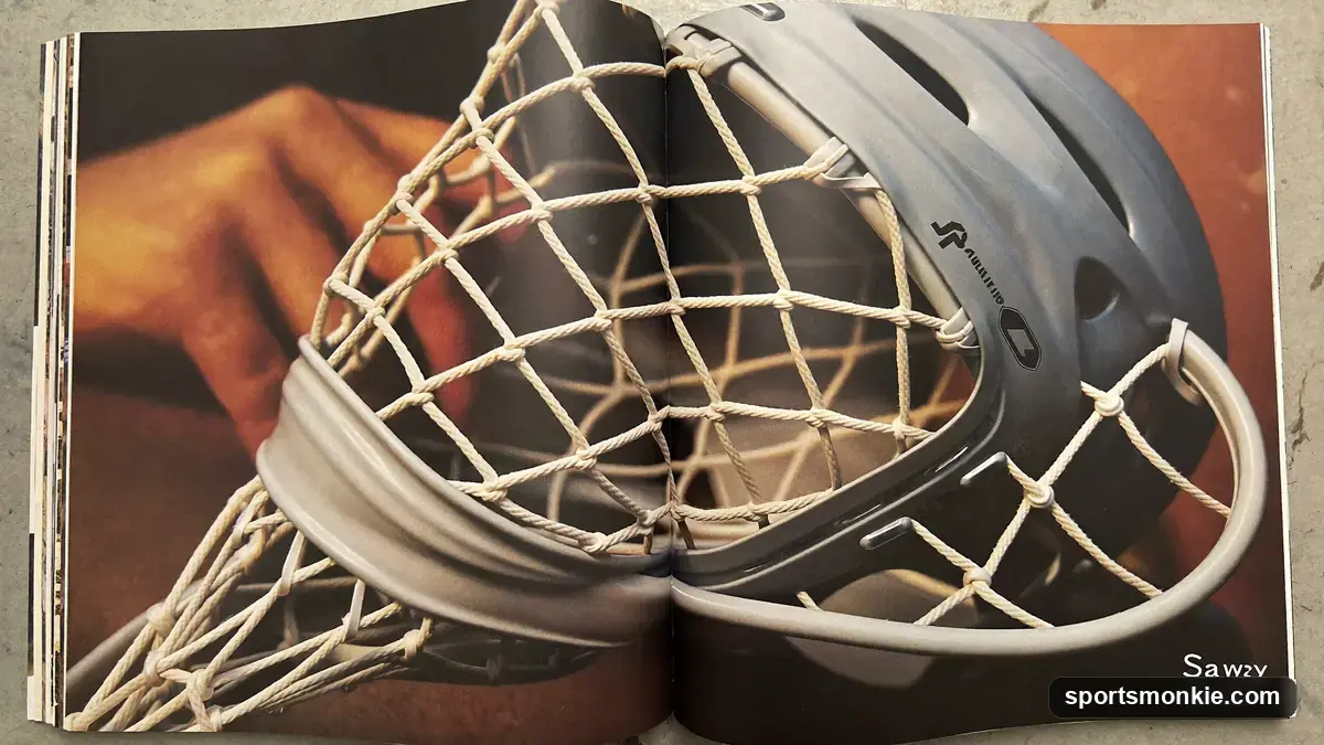 Close-up of a lacrosse head being strung with mesh and sidewall string