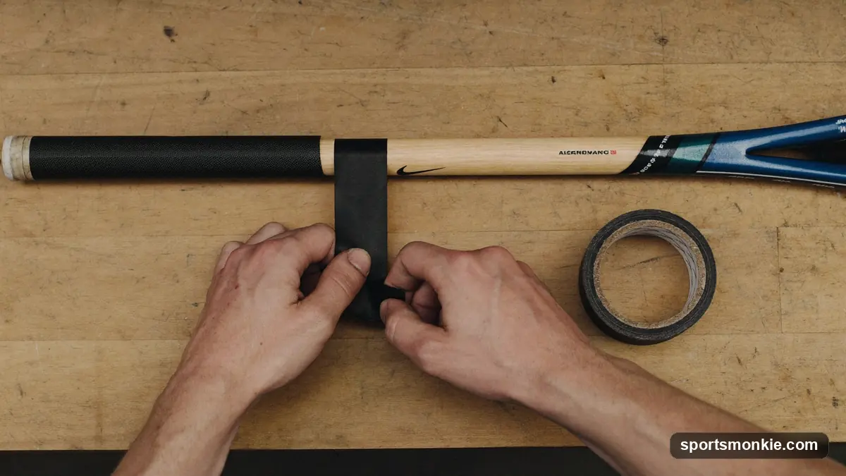 Close-up of gloved hands taping the shaft of a lacrosse stick