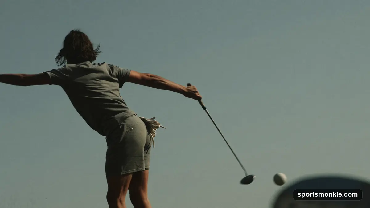 Disc golfer in mid throwing motion with a disc leaving the hand, side lit, focus on form