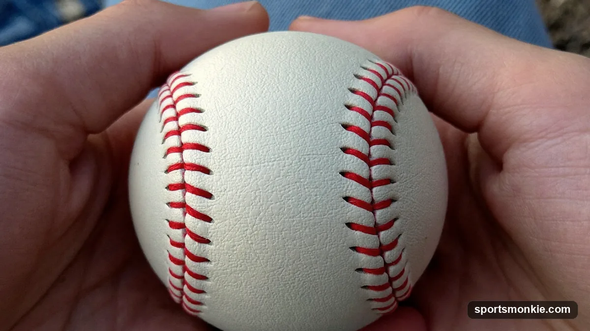 Close-up of a two-seam sinker grip on a baseball