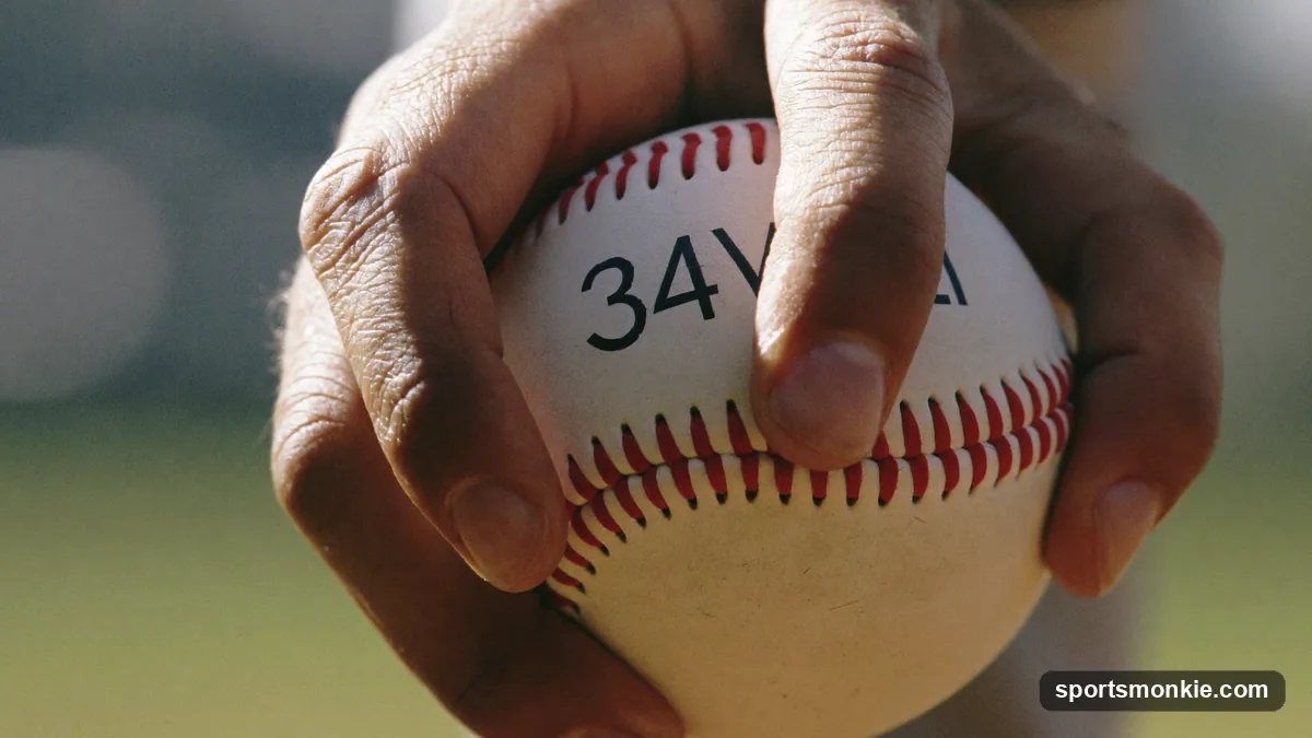 Close-up of a pitcher's hand gripping a baseball for a slider