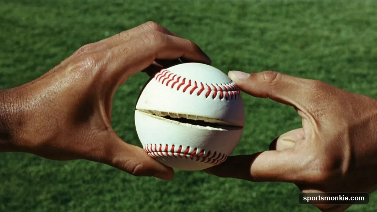 Pitcher's hand gripping a baseball with index and middle fingers split wide apart on the outside of the seams for a splitter