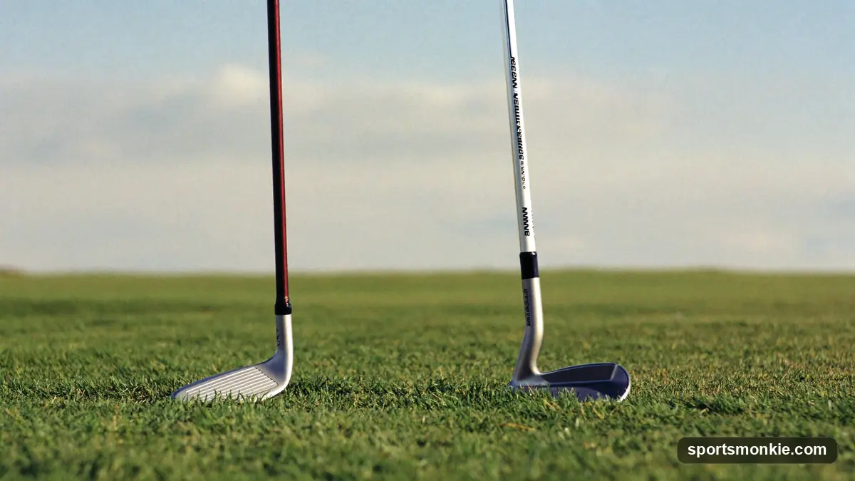 A golfer standing over a hybrid and a long iron laid side by side on the fairway, choosing a club