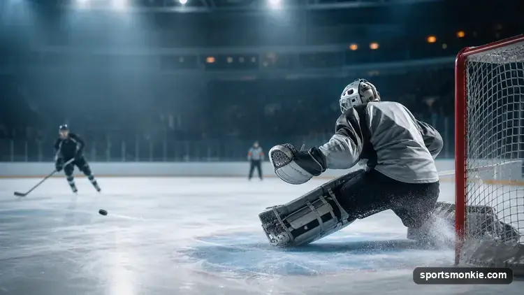 Linesman raising an arm at the faceoff dot to signal a hybrid icing call as two players race for the puck