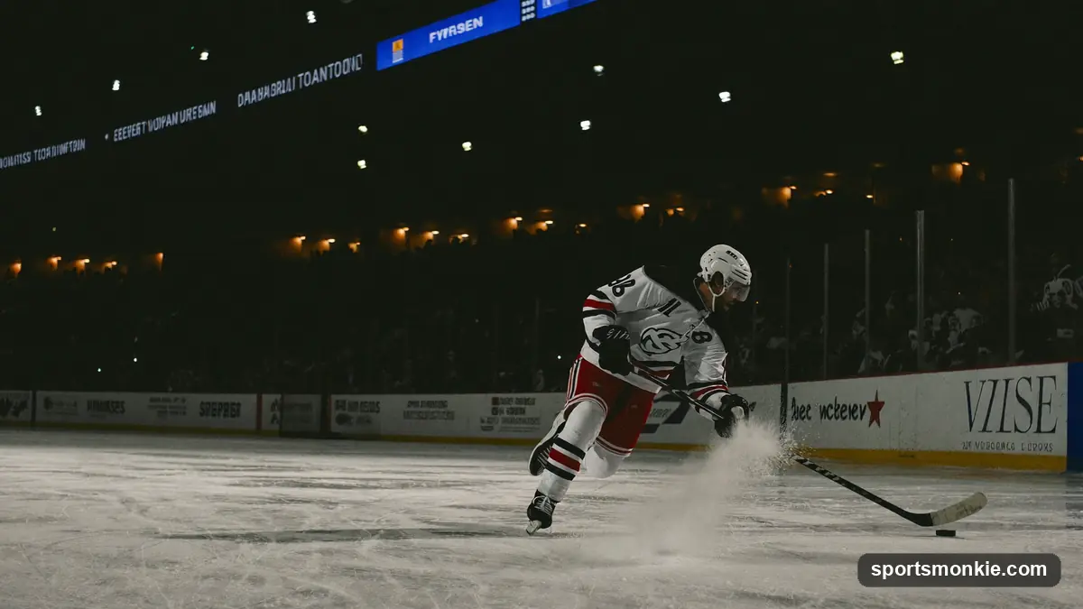 Linesman signals icing as a hockey puck slides untouched across the goal line