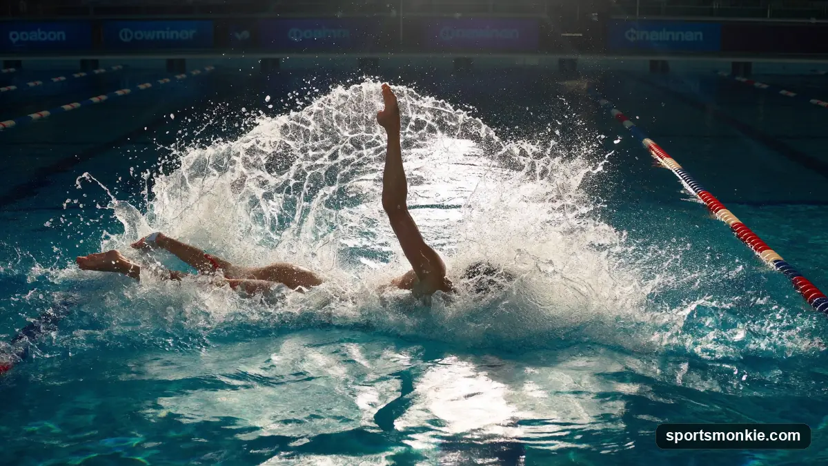 Swimmer transitioning between strokes during an individual medley race in an Olympic pool