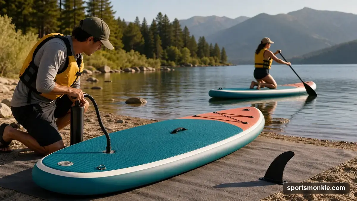 Inflatable paddle board rolled into its carry bag next to a pump and paddle on a beach