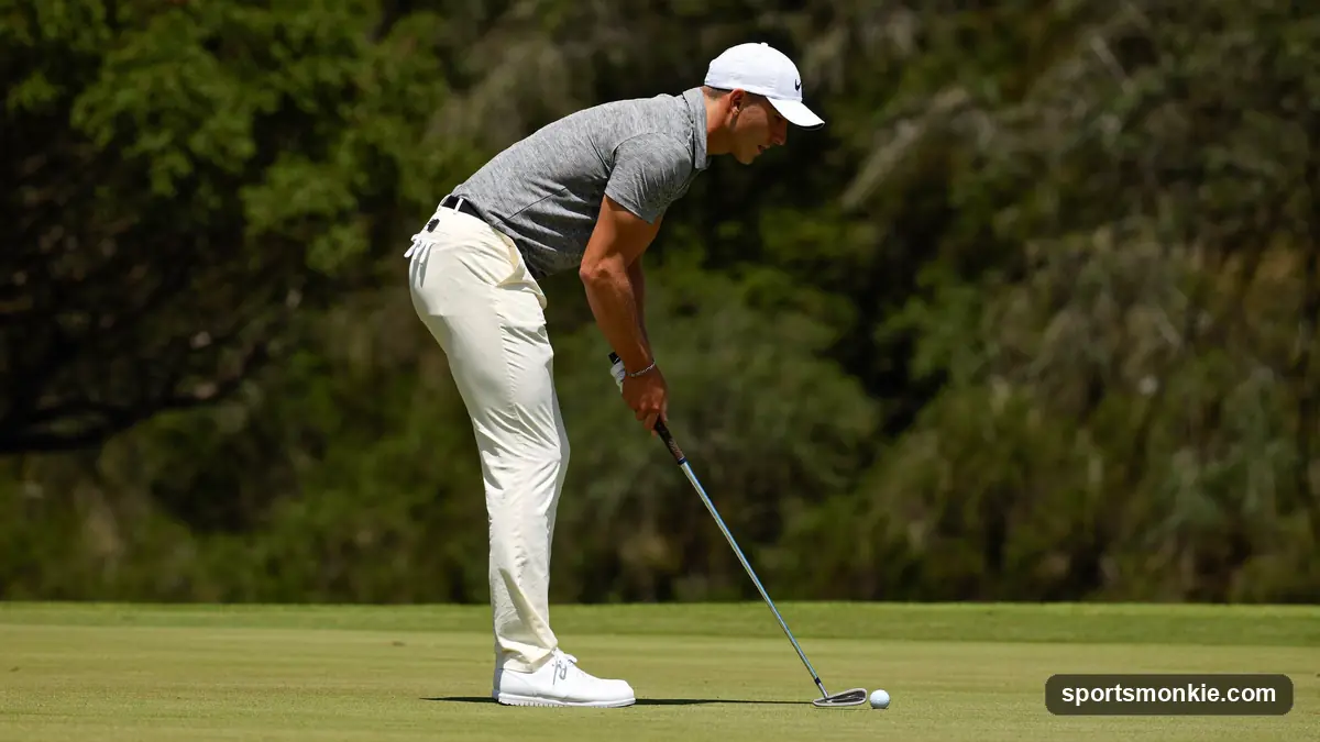 A golfer settling into their grip at address over the ball on the tee box