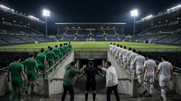Two anonymous soccer teams in green and white kits heading for the tunnel of an empty floodlit stadium while a referee steps between two arguing staff members, editorial graphic
