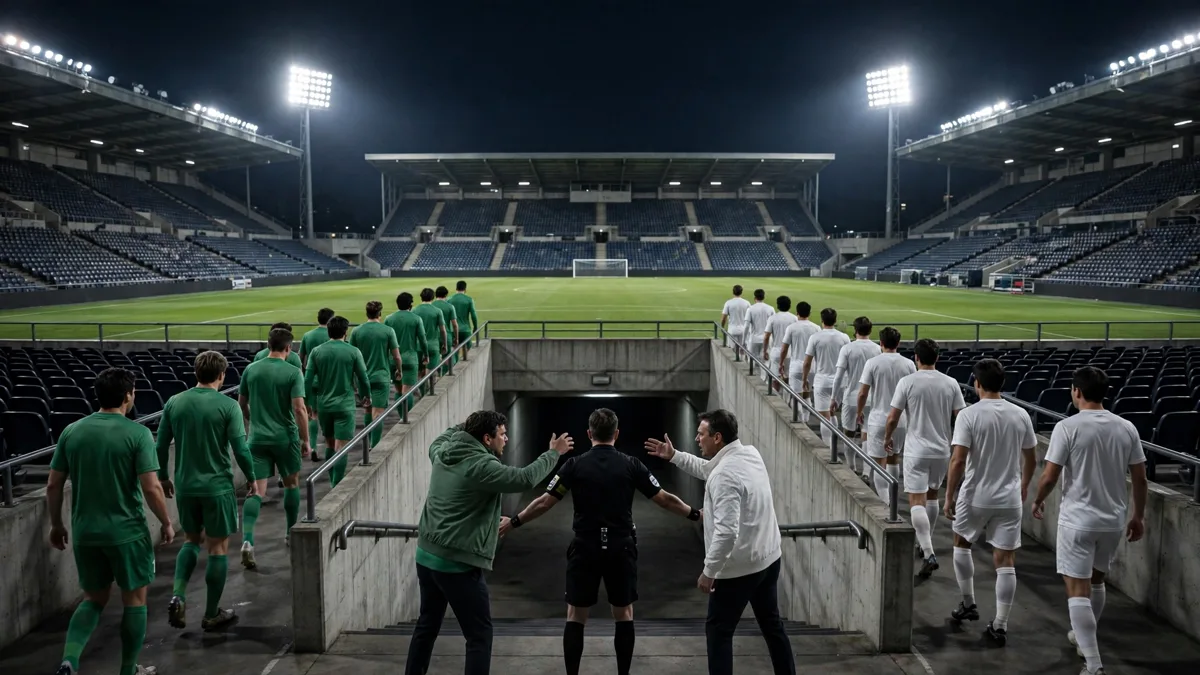 Two anonymous soccer teams in green and white kits heading for the tunnel of an empty floodlit stadium while a referee steps between two arguing staff members, editorial graphic
