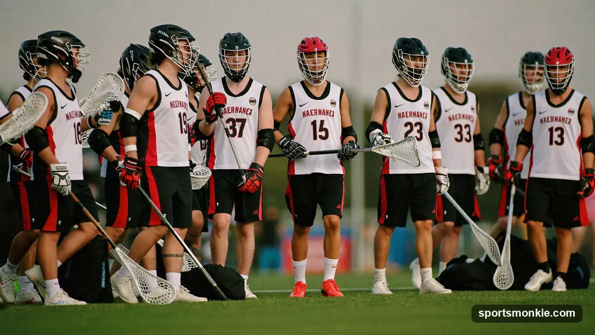 Youth lacrosse players in full gear lining up on the sideline before a travel tournament game