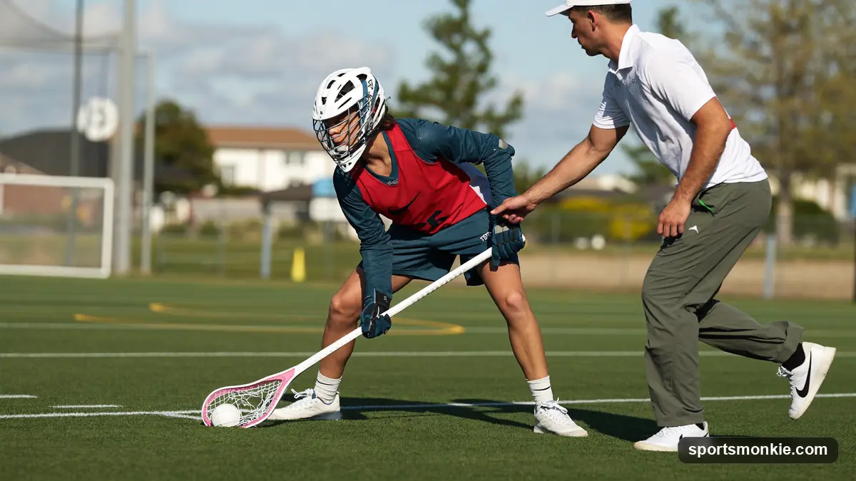A beginner player practicing cradling and passing on an open field with a coach