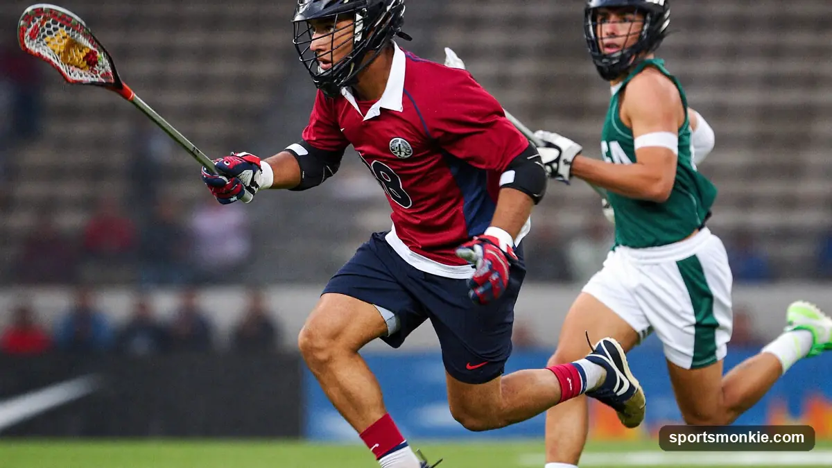 A lacrosse midfielder sprinting upfield with the ball in his stick while a defender chases during a match