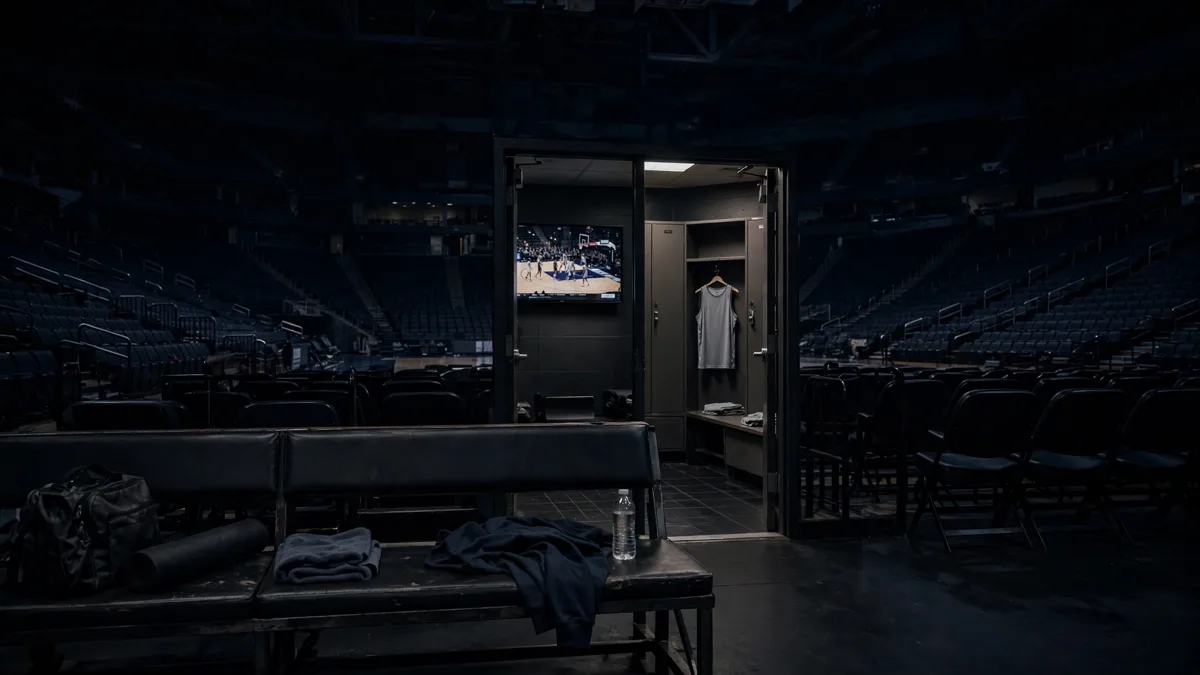 An empty visitor's bench in a darkened basketball arena with a television in a locker room behind it showing a game in progress, a single unbranded jersey hanging nearby, editorial graphic