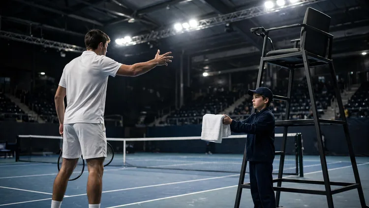 AI-generated illustration: a generic anonymous tennis player, back to the camera, gestures in frustration on an indoor hard court while a ball kid holds out a white towel beside the umpire's chair. It is not Rafael Jodar, not Shanghai, and not a photograph of the incident.