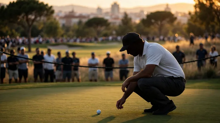 A generic golfer in a plain white unbranded shirt and dark trousers crouching behind a ball on a green to read a long putt in evening light, with a gallery behind a rope, editorial graphic