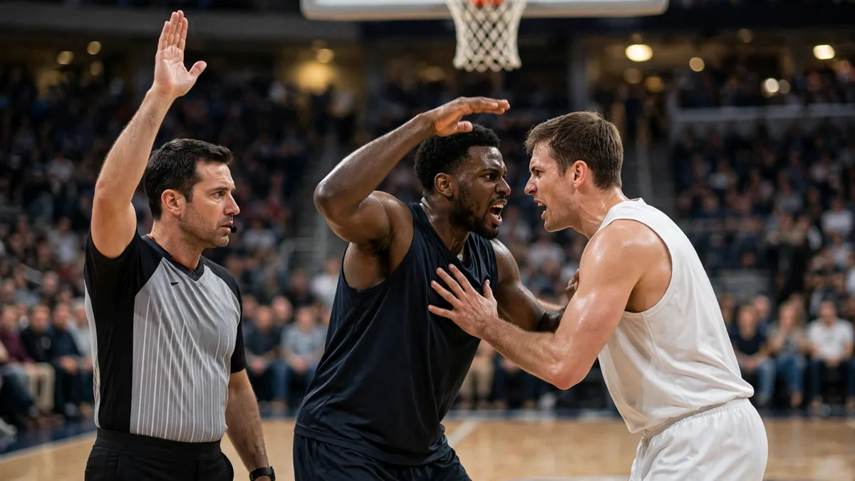 Two generic basketball centres in plain jerseys facing off under the basket as a referee signals a technical foul in the foreground, editorial graphic