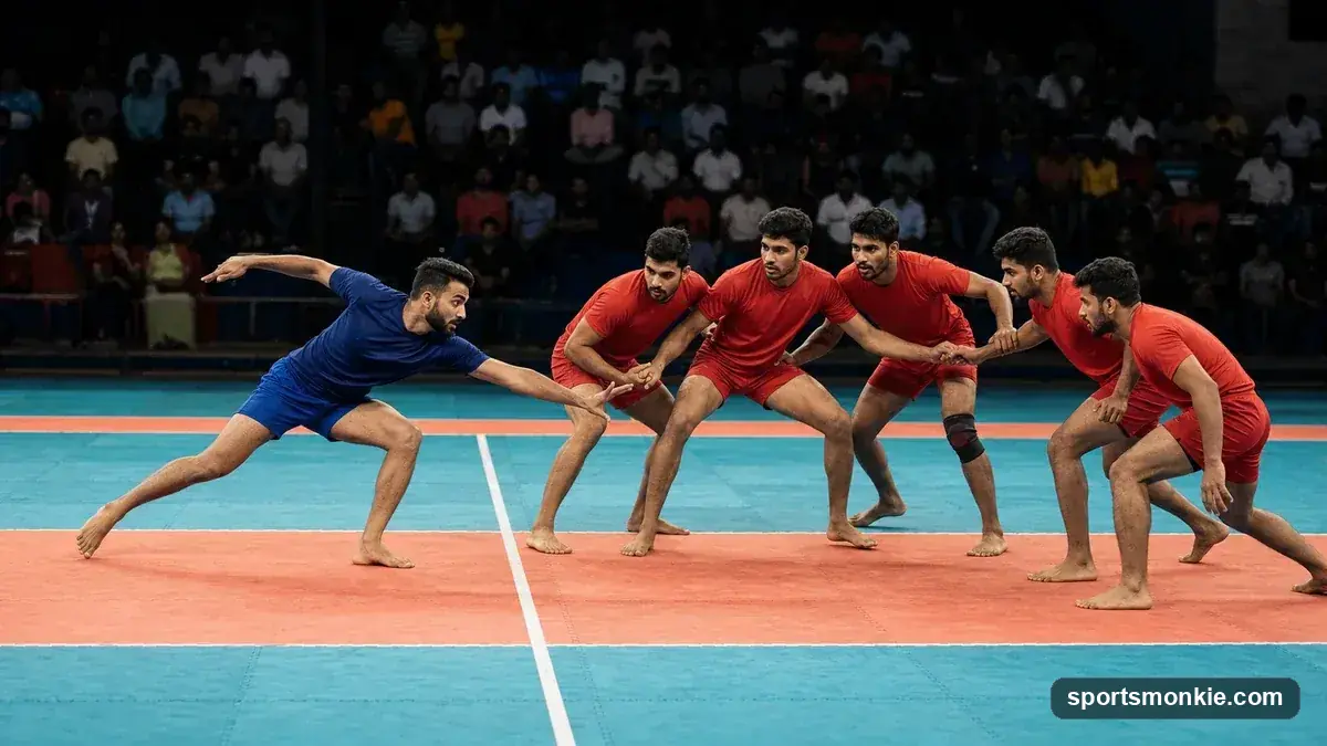 A kabaddi raider reaching for defenders on a dirt court, representing the sport's raid