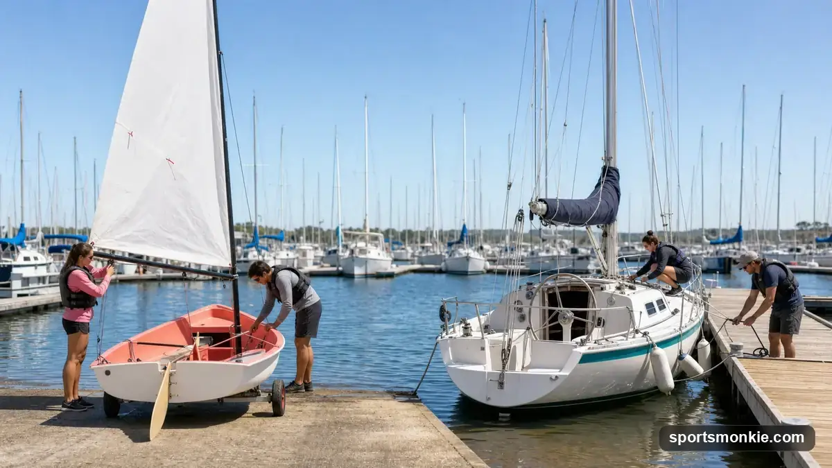 A small centerboard dinghy sailing next to a larger keelboat with a fixed weighted keel