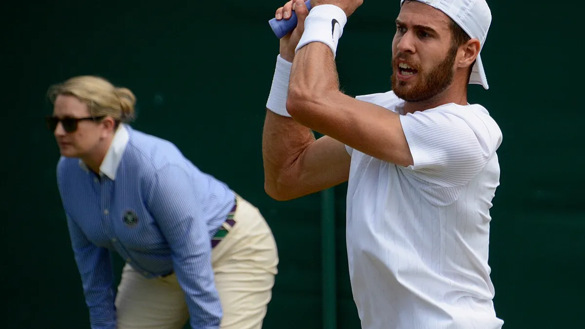 File photo from Wimbledon 2019: Karen Khachanov in action on Day 5. It is used to identify the player and does not show the Almaty match. The 16:9 cropped derivative is offered under the same CC BY-SA 2.0 licence as the original.