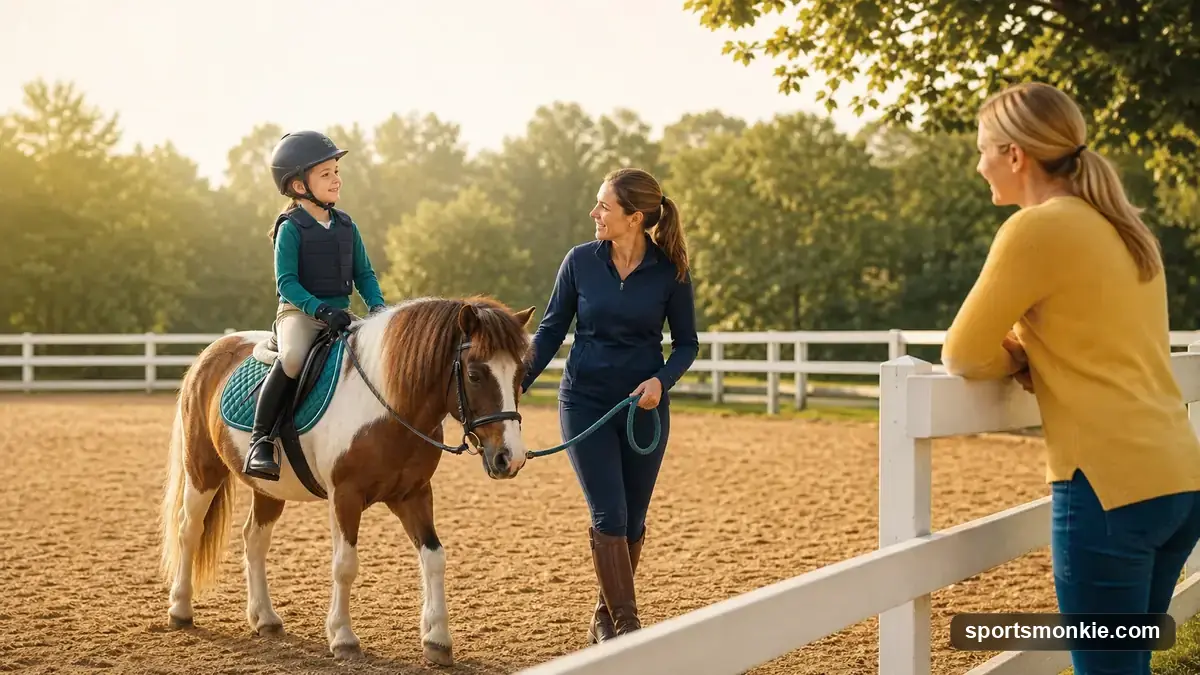 Young child on a lead-line pony during a kids' horse riding lesson with an instructor walking alongside
