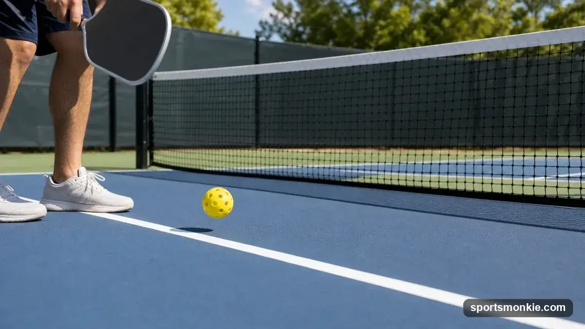 A close-up of a pickleball court showing the non-volley zone (the kitchen) near the net