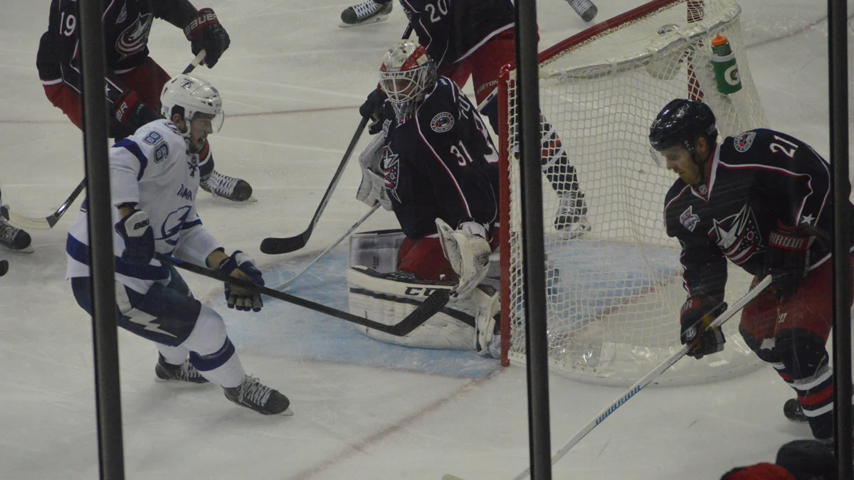 File photo from November 8, 2014: Nikita Kucherov in Tampa Bay's white away uniform in front of the Columbus net, eleven seasons before he tied the Lightning points record. It does not show Tuesday's game in Las Vegas.