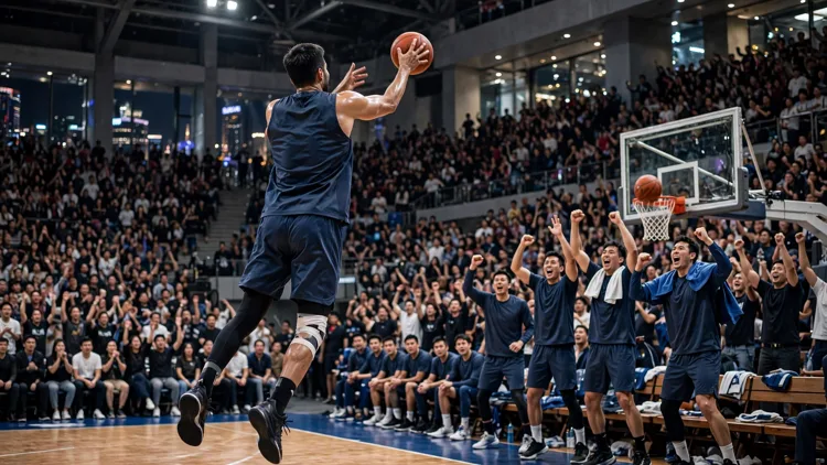 A generic basketball guard in a plain unbranded kit driving baseline for a reverse layup in a packed indoor arena, teammates rising from the bench behind him, editorial graphic