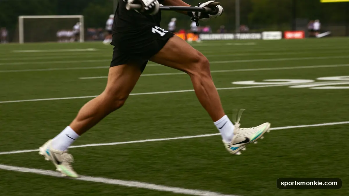 A lacrosse player sprinting and cutting across turf mid-game, cleats digging in as the ball carrier changes direction