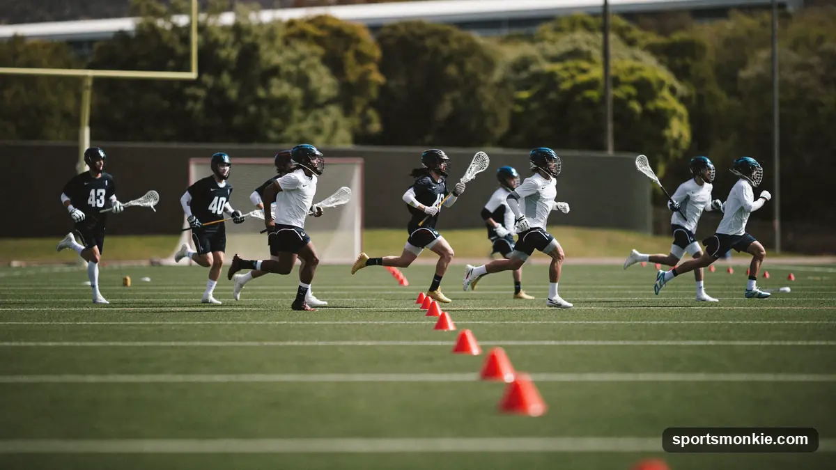 Lacrosse players sprinting through a line of cones during a preseason conditioning session on a turf field