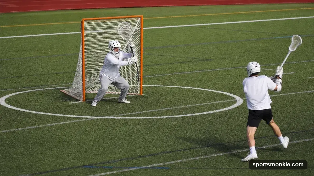 A lacrosse goalie defending the crease near the goal