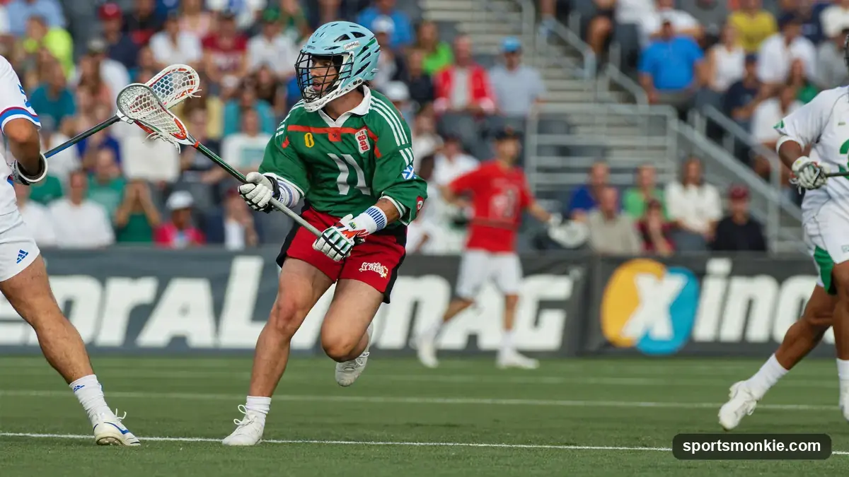 A lacrosse defenseman carrying a long d-pole against an attacker