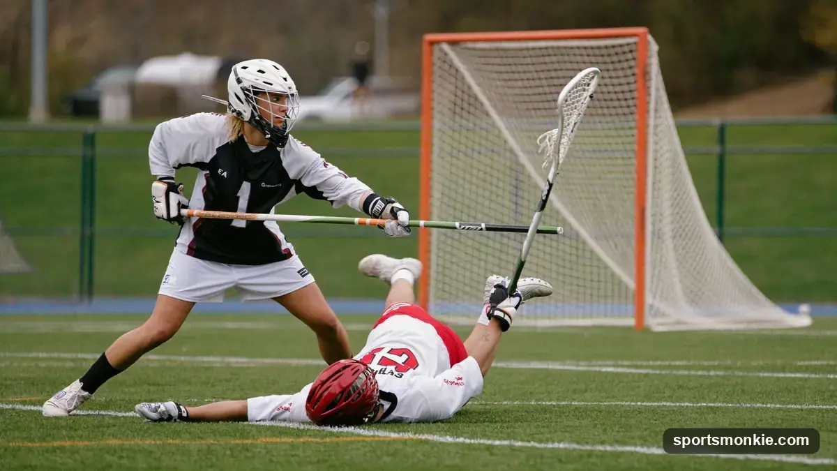 A lacrosse defenseman using a long pole to check an attacker near the goal