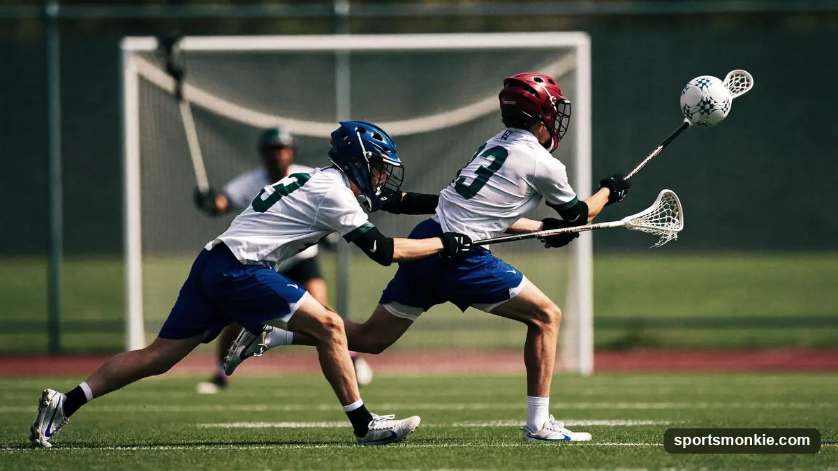 An attackman exploding past a pole defender with a split dodge near the goal during a game