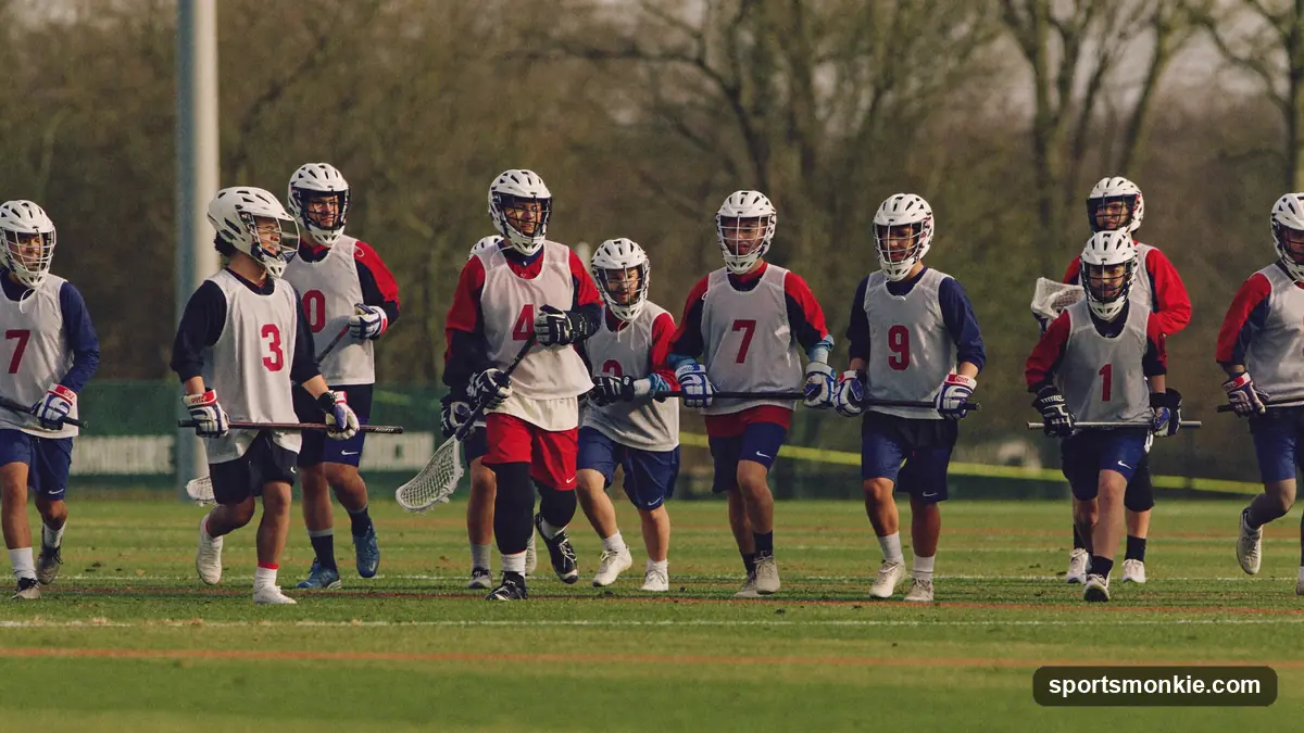 A youth lacrosse team in full pads and helmets warming up on a green turf field before a game